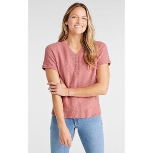 VTG L.L.Bean‎ Cotton Knit Top Mid Weight Cotton Short Sleeve Button V-Neck  L